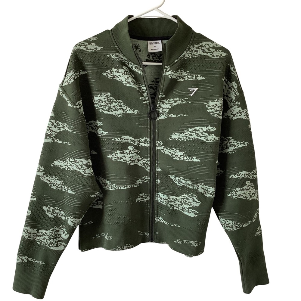 Gymshark Womens Green Camo Seamless Full Zip Jacket Mock Neck B3A9G Size M